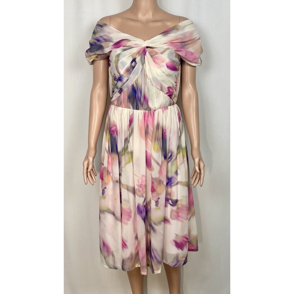 Alex Marie Janet Chiffon Dress Size 6 Pink Petal Off Shoulder Midi Altered